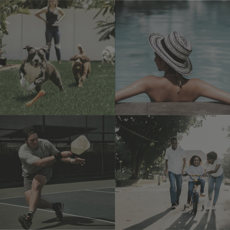 a collage of photos of people playing tennis, walking dogs and playing with their kids at The parcHAUS