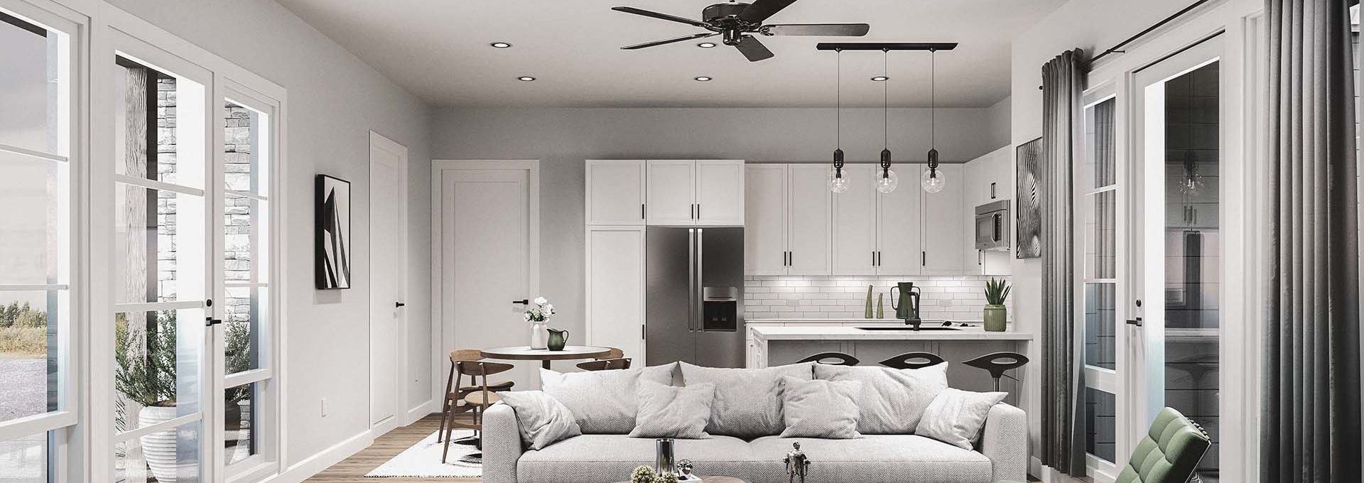 a rendering of a living room with a ceiling fan at The parcHAUS