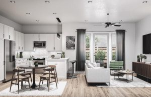 a rendering of a modern kitchen and living room at The parcHAUS